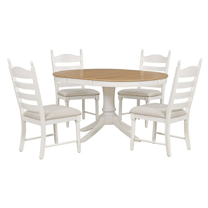 TREXM 5 - Piece Retro Functional Dining Table Set Wood Round Extendable Dining Table and 4 Upholstered Dining Chairs (Off White) - 1st Choice Furniture Direct
