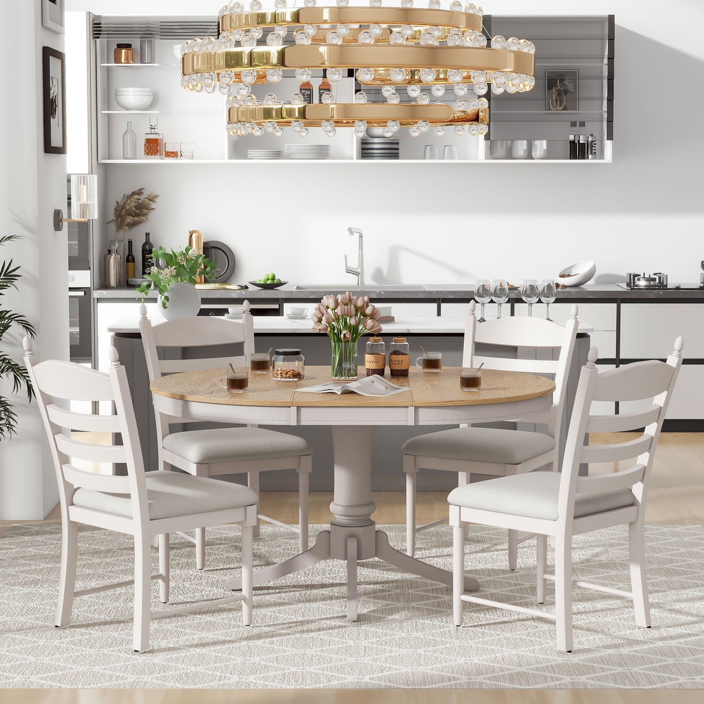 TREXM 5 - Piece Retro Functional Dining Table Set Wood Round Extendable Dining Table and 4 Upholstered Dining Chairs (Off White) - 1st Choice Furniture Direct