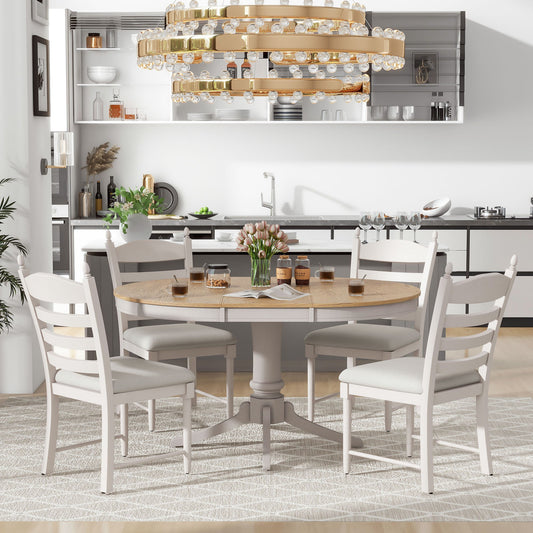 TREXM 5 - Piece Retro Functional Dining Table Set Wood Round Extendable Dining Table and 4 Upholstered Dining Chairs (Off White) - 1st Choice Furniture Direct