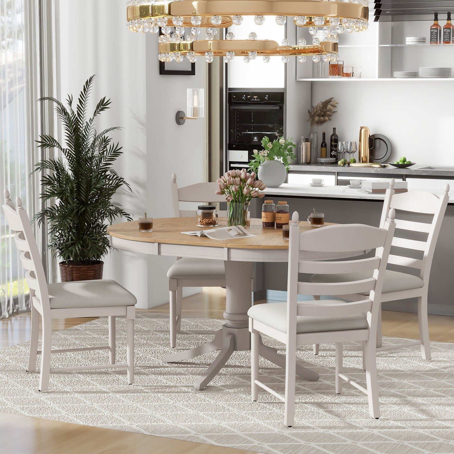 TREXM 5 - Piece Retro Functional Dining Table Set Wood Round Extendable Dining Table and 4 Upholstered Dining Chairs (Off White) - 1st Choice Furniture Direct