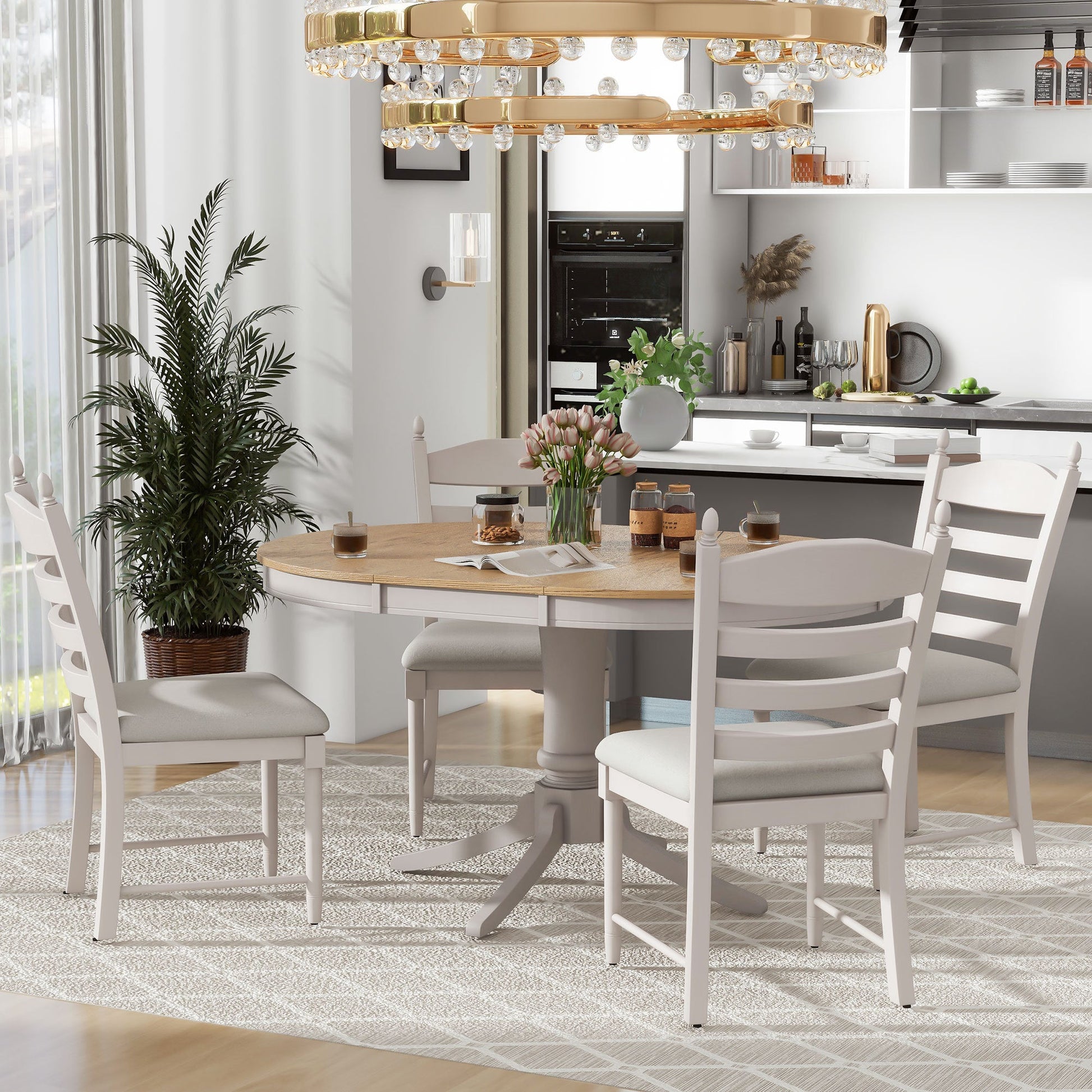 TREXM 5 - Piece Retro Functional Dining Table Set Wood Round Extendable Dining Table and 4 Upholstered Dining Chairs (Off White) - 1st Choice Furniture Direct