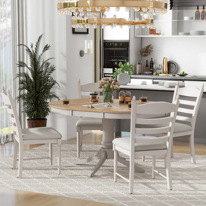 TREXM 5 - Piece Retro Functional Dining Table Set Wood Round Extendable Dining Table and 4 Upholstered Dining Chairs (Off White) - 1st Choice Furniture Direct