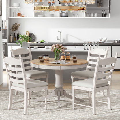 TREXM 5 - Piece Retro Functional Dining Table Set Wood Round Extendable Dining Table and 4 Upholstered Dining Chairs (Off White) - 1st Choice Furniture Direct