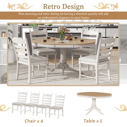 TREXM 5 - Piece Retro Functional Dining Table Set Wood Round Extendable Dining Table and 4 Upholstered Dining Chairs (Off White) - 1st Choice Furniture Direct