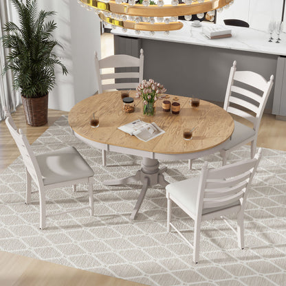 TREXM 5 - Piece Retro Functional Dining Table Set Wood Round Extendable Dining Table and 4 Upholstered Dining Chairs (Off White) - 1st Choice Furniture Direct