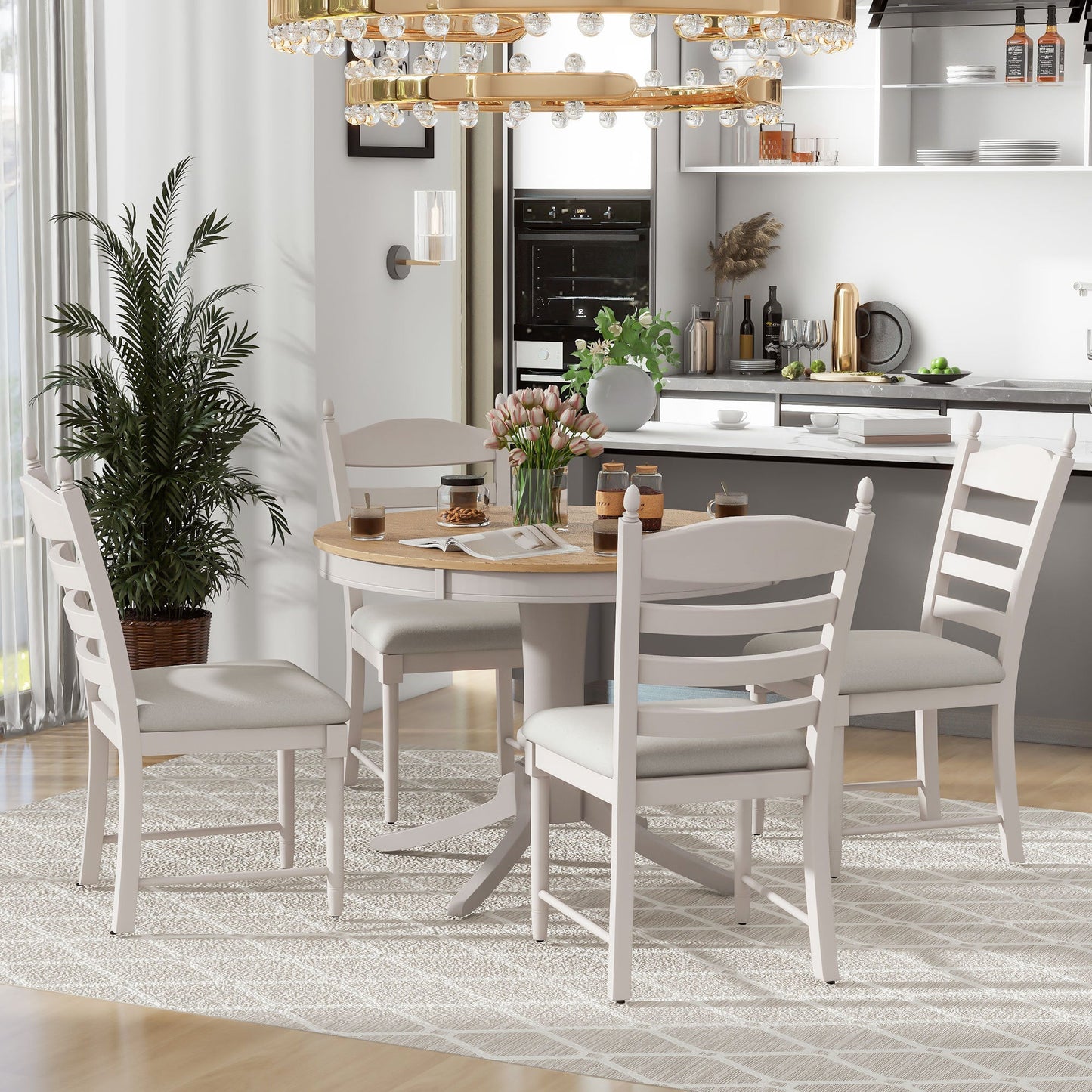 TREXM 5 - Piece Retro Functional Dining Table Set Wood Round Extendable Dining Table and 4 Upholstered Dining Chairs (Off White) - 1st Choice Furniture Direct