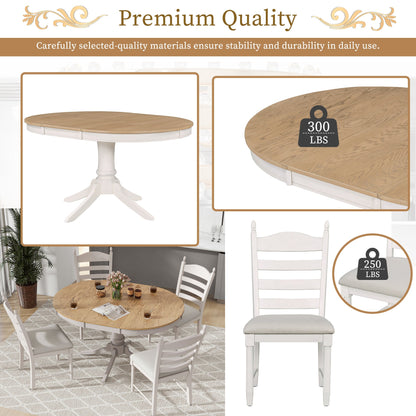 TREXM 5 - Piece Retro Functional Dining Table Set Wood Round Extendable Dining Table and 4 Upholstered Dining Chairs (Off White) - 1st Choice Furniture Direct