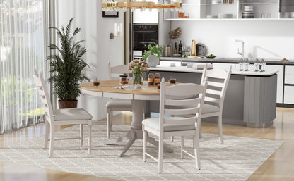 TREXM 5 - Piece Retro Functional Dining Table Set Wood Round Extendable Dining Table and 4 Upholstered Dining Chairs (Off White) - 1st Choice Furniture Direct
