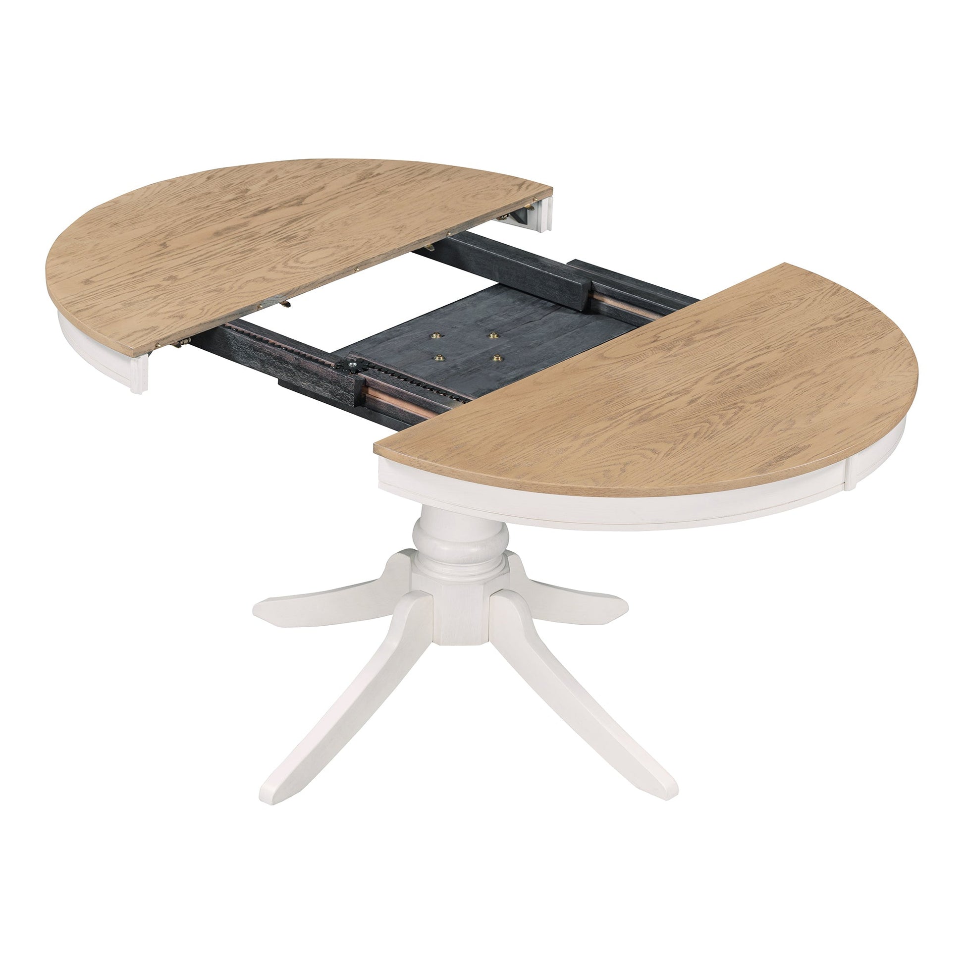 TREXM 5 - Piece Retro Functional Dining Table Set Wood Round Extendable Dining Table and 4 Upholstered Dining Chairs (Off White) - 1st Choice Furniture Direct