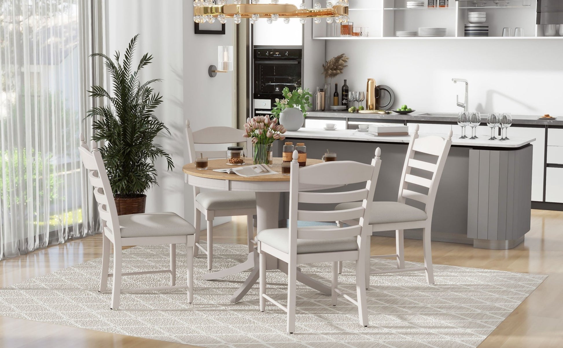 TREXM 5 - Piece Retro Functional Dining Table Set Wood Round Extendable Dining Table and 4 Upholstered Dining Chairs (Off White) - 1st Choice Furniture Direct