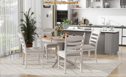 TREXM 5 - Piece Retro Functional Dining Table Set Wood Round Extendable Dining Table and 4 Upholstered Dining Chairs (Off White) - 1st Choice Furniture Direct