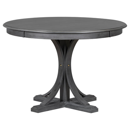 TREXM 5 - Piece Retro Round Dining Table Set with Curved Trestle Style Table Legs and 4 Upholstered Chairs for Dining Room (Dark Gray) - 1st Choice Furniture Direct