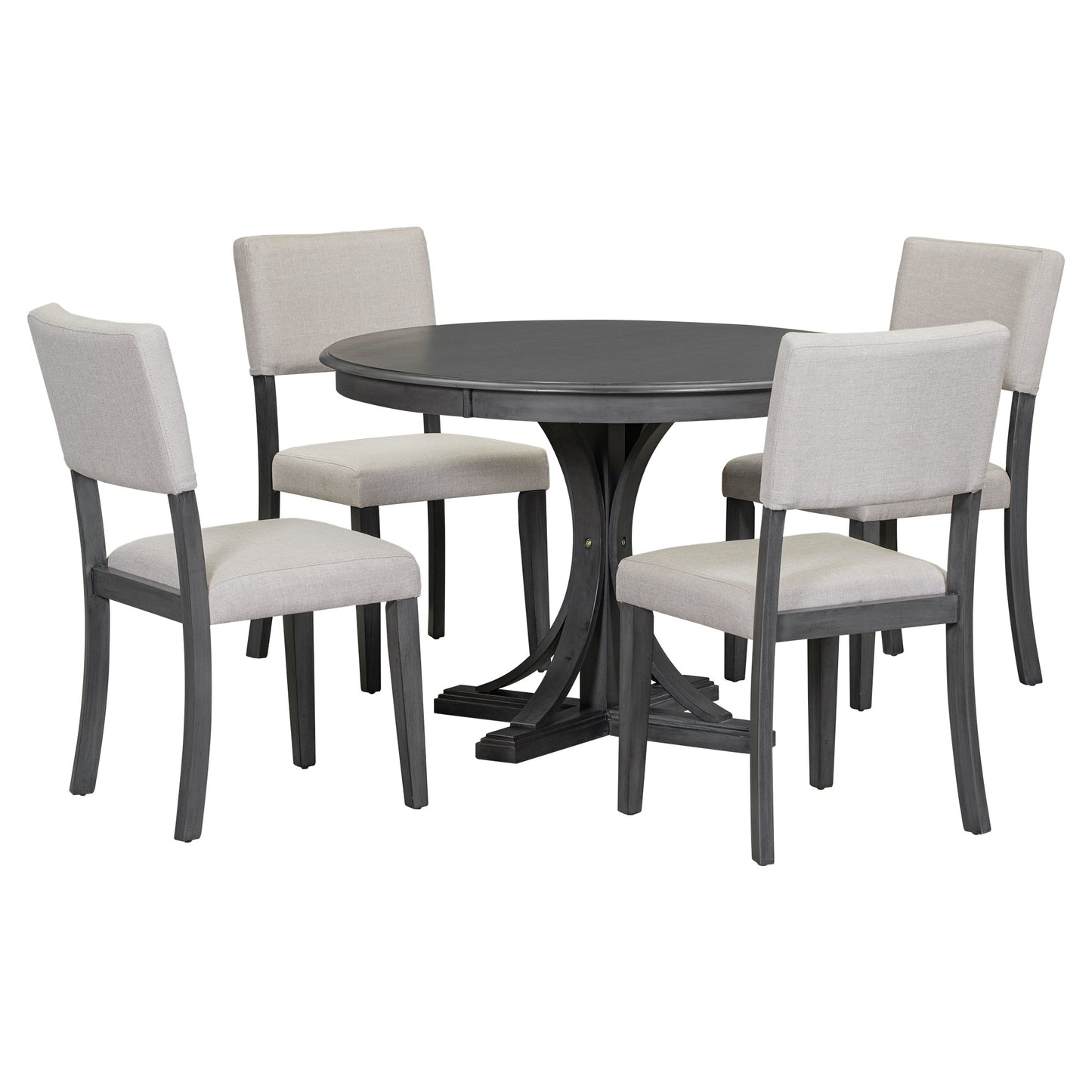 TREXM 5 - Piece Retro Round Dining Table Set with Curved Trestle Style Table Legs and 4 Upholstered Chairs for Dining Room (Dark Gray) - 1st Choice Furniture Direct