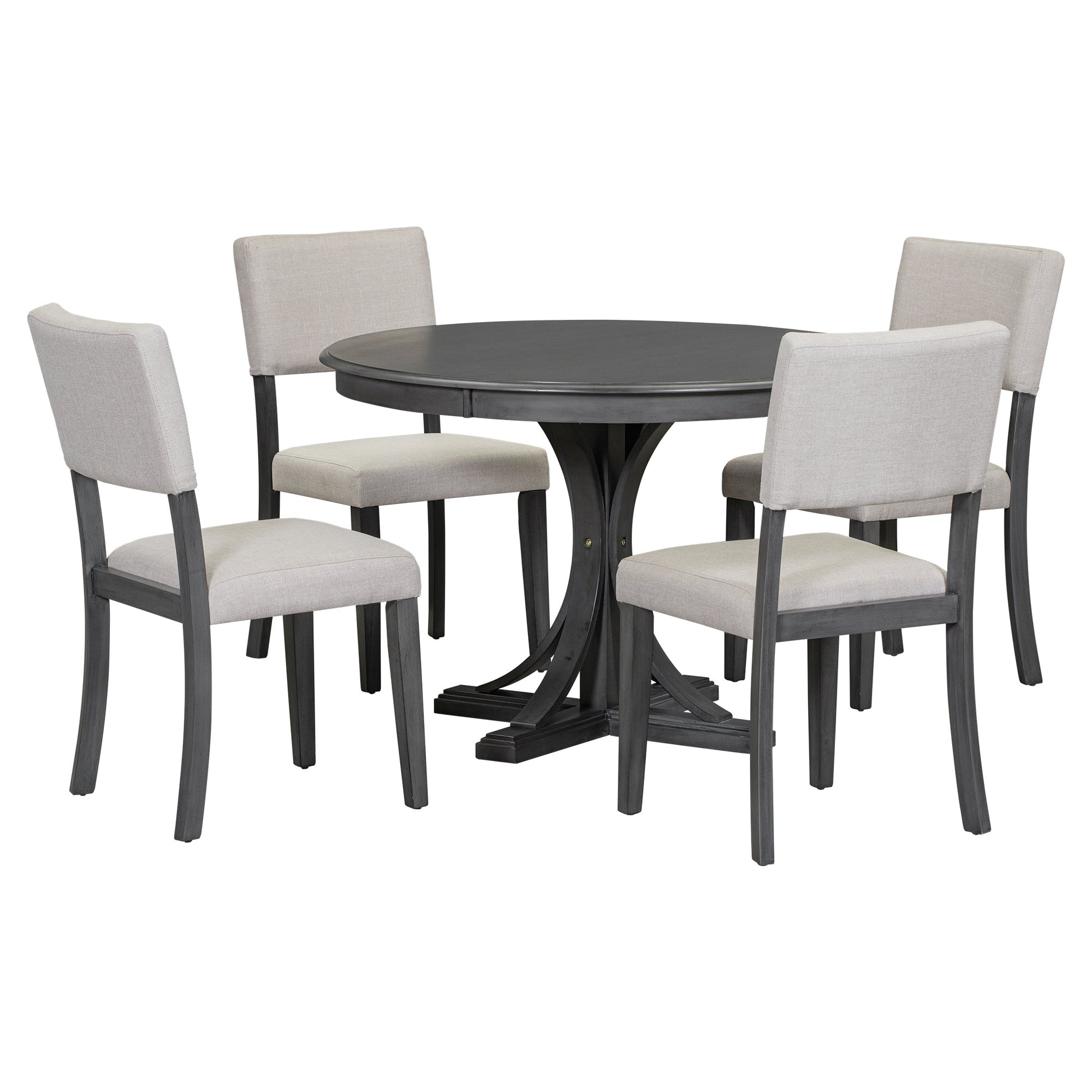 TREXM 5 - Piece Retro Round Dining Table Set with Curved Trestle Style Table Legs and 4 Upholstered Chairs for Dining Room (Dark Gray) - 1st Choice Furniture Direct
