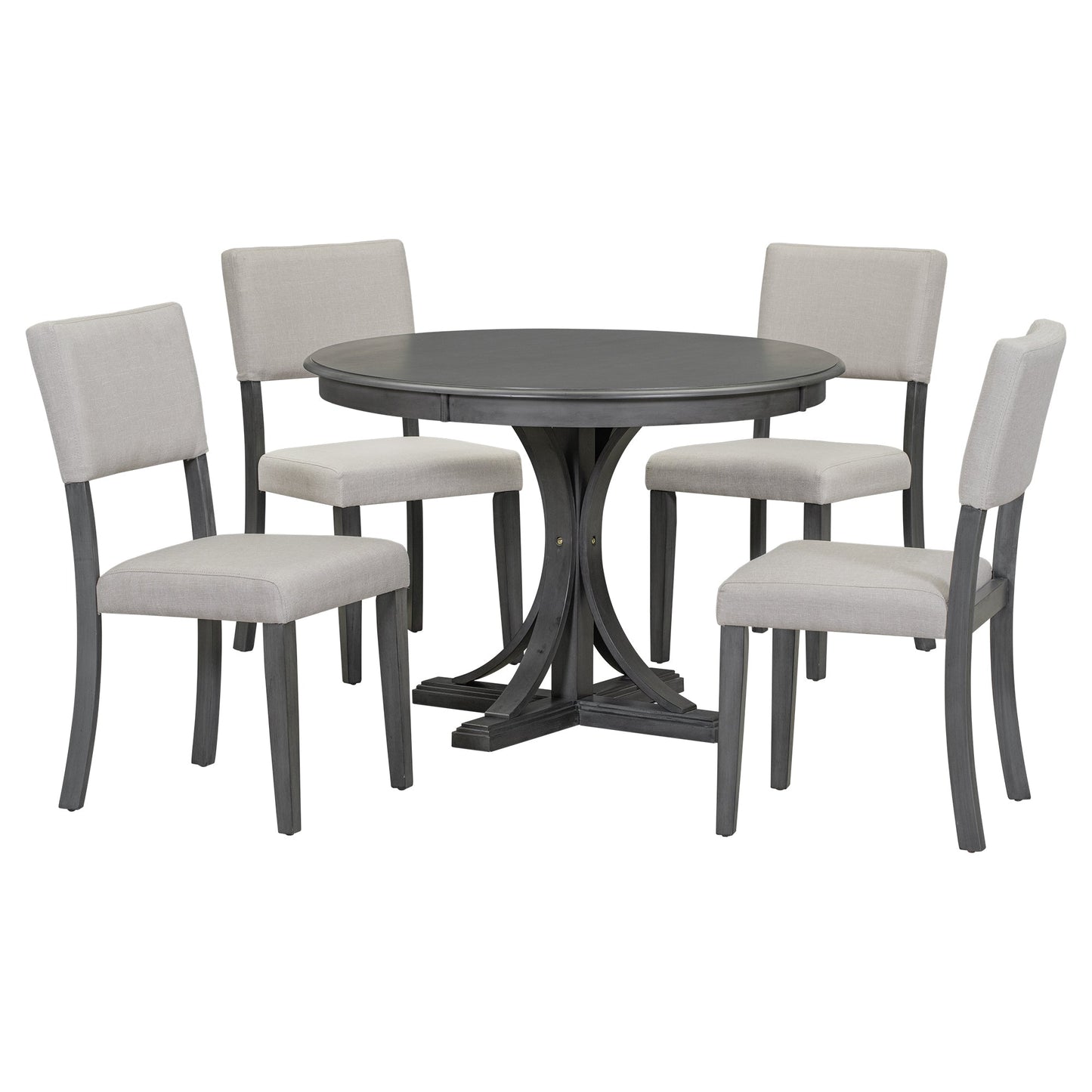 TREXM 5 - Piece Retro Round Dining Table Set with Curved Trestle Style Table Legs and 4 Upholstered Chairs for Dining Room (Dark Gray) - 1st Choice Furniture Direct