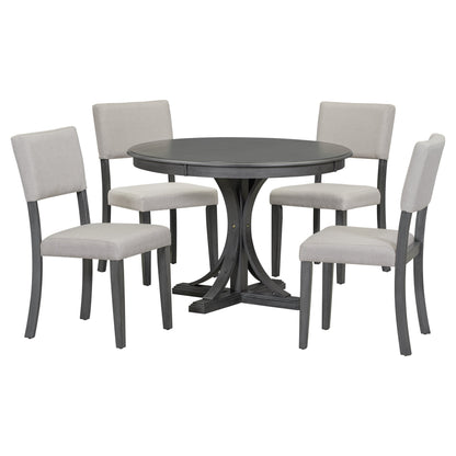 TREXM 5 - Piece Retro Round Dining Table Set with Curved Trestle Style Table Legs and 4 Upholstered Chairs for Dining Room (Dark Gray) - 1st Choice Furniture Direct