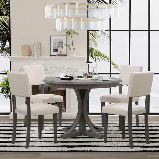 TREXM 5 - Piece Retro Round Dining Table Set with Curved Trestle Style Table Legs and 4 Upholstered Chairs for Dining Room (Dark Gray) - 1st Choice Furniture Direct