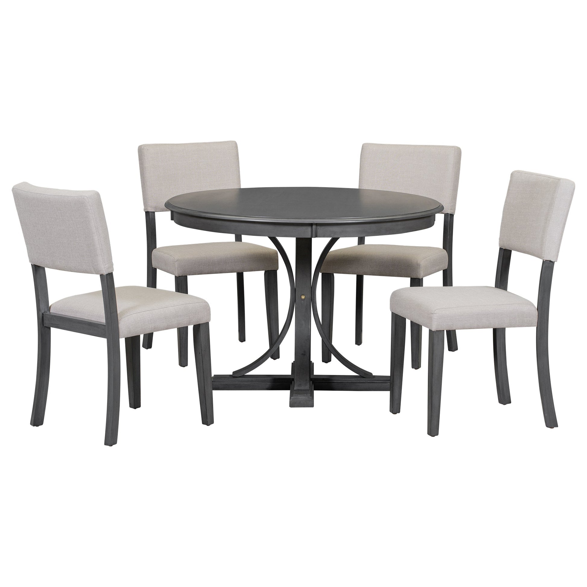 TREXM 5 - Piece Retro Round Dining Table Set with Curved Trestle Style Table Legs and 4 Upholstered Chairs for Dining Room (Dark Gray) - 1st Choice Furniture Direct