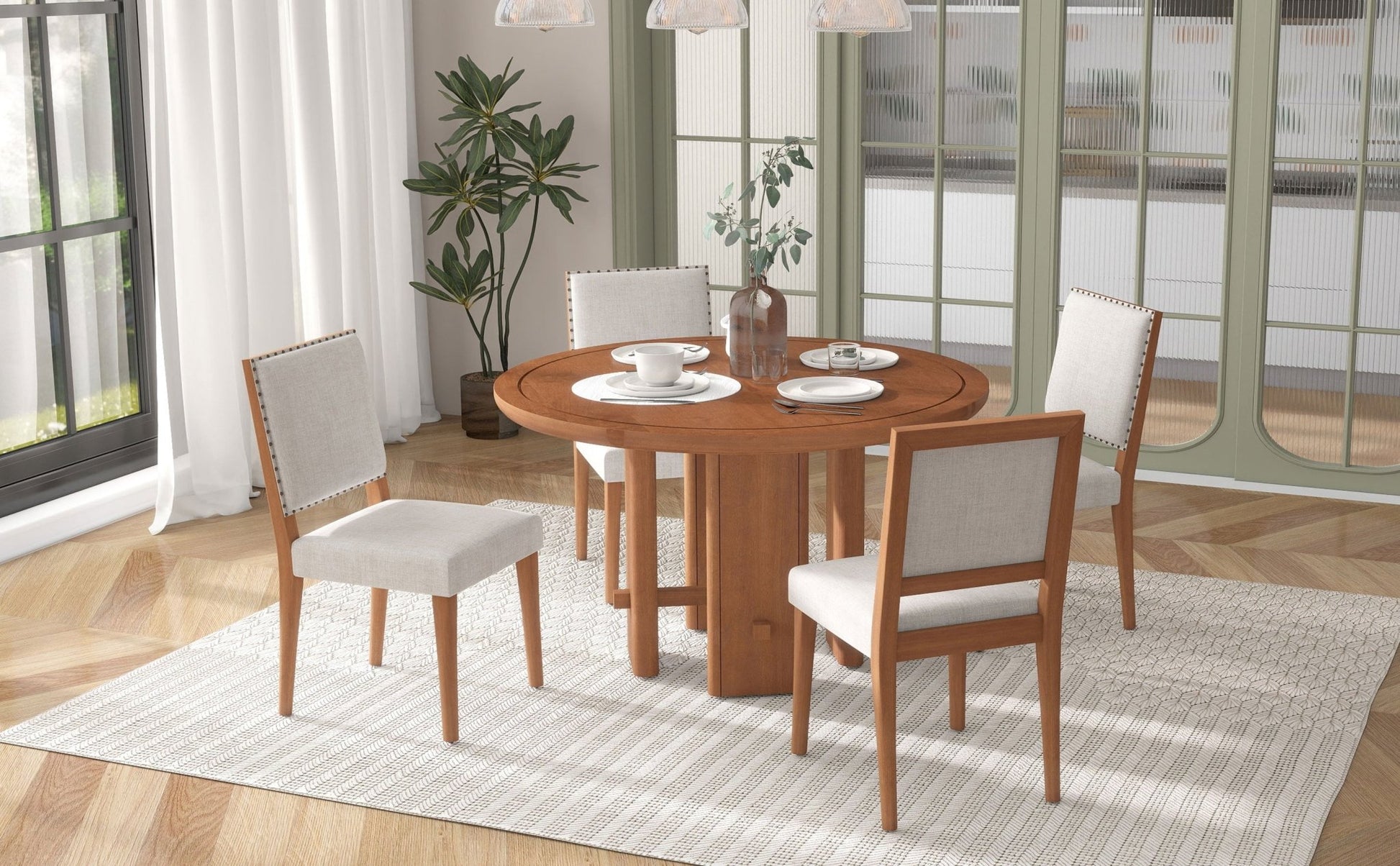 TREXM 5 - Piece Round Dining Table Set for 4, Minimalist Farmhouse Dining Table with 4 Solid Wood Upholstered Chairs, Kitchen & Dining Room Sets (Brown) - 1st Choice Furniture Direct