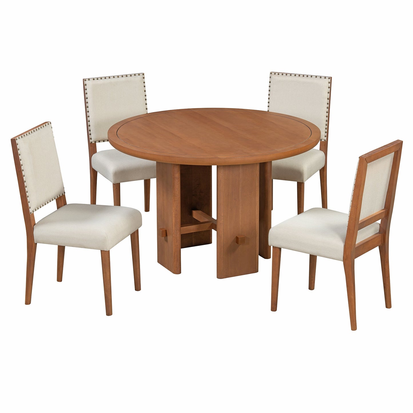 TREXM 5 - Piece Round Dining Table Set for 4, Minimalist Farmhouse Dining Table with 4 Solid Wood Upholstered Chairs, Kitchen & Dining Room Sets (Brown) - 1st Choice Furniture Direct