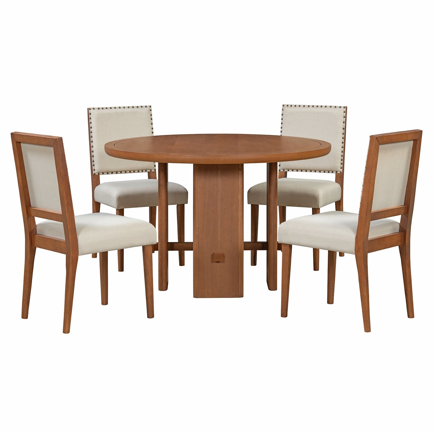 TREXM 5 - Piece Round Dining Table Set for 4, Minimalist Farmhouse Dining Table with 4 Solid Wood Upholstered Chairs, Kitchen & Dining Room Sets (Brown) - 1st Choice Furniture Direct