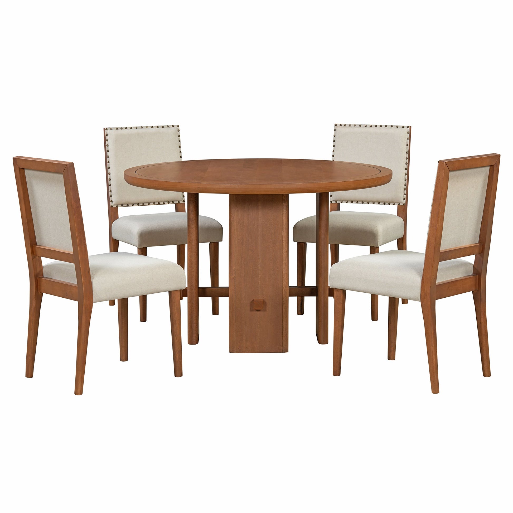 TREXM 5 - Piece Round Dining Table Set for 4, Minimalist Farmhouse Dining Table with 4 Solid Wood Upholstered Chairs, Kitchen & Dining Room Sets (Brown) - 1st Choice Furniture Direct