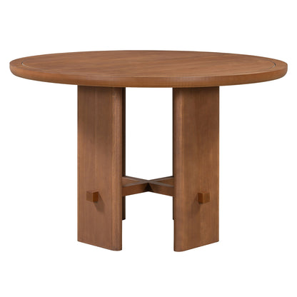 TREXM 5 - Piece Round Dining Table Set for 4, Minimalist Farmhouse Dining Table with 4 Solid Wood Upholstered Chairs, Kitchen & Dining Room Sets (Brown) - 1st Choice Furniture Direct