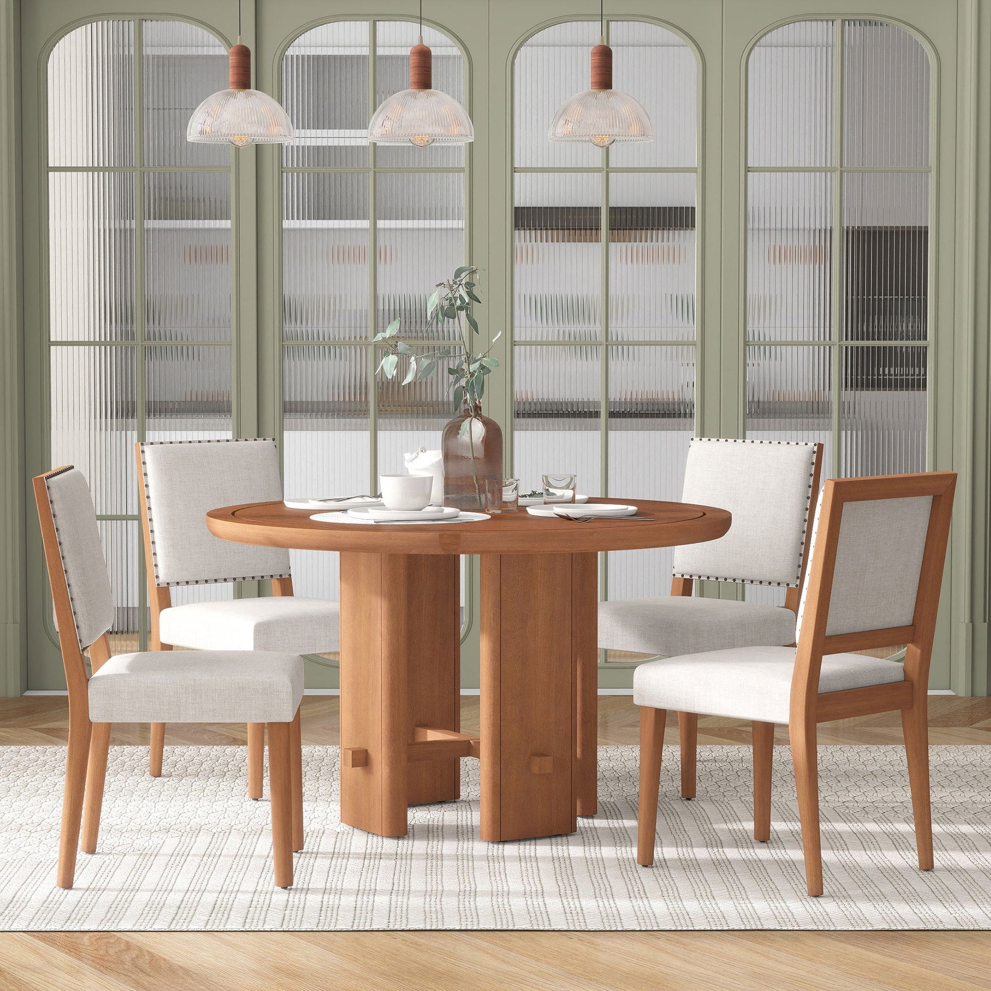 TREXM 5 - Piece Round Dining Table Set for 4, Minimalist Farmhouse Dining Table with 4 Solid Wood Upholstered Chairs, Kitchen & Dining Room Sets (Brown) - 1st Choice Furniture Direct