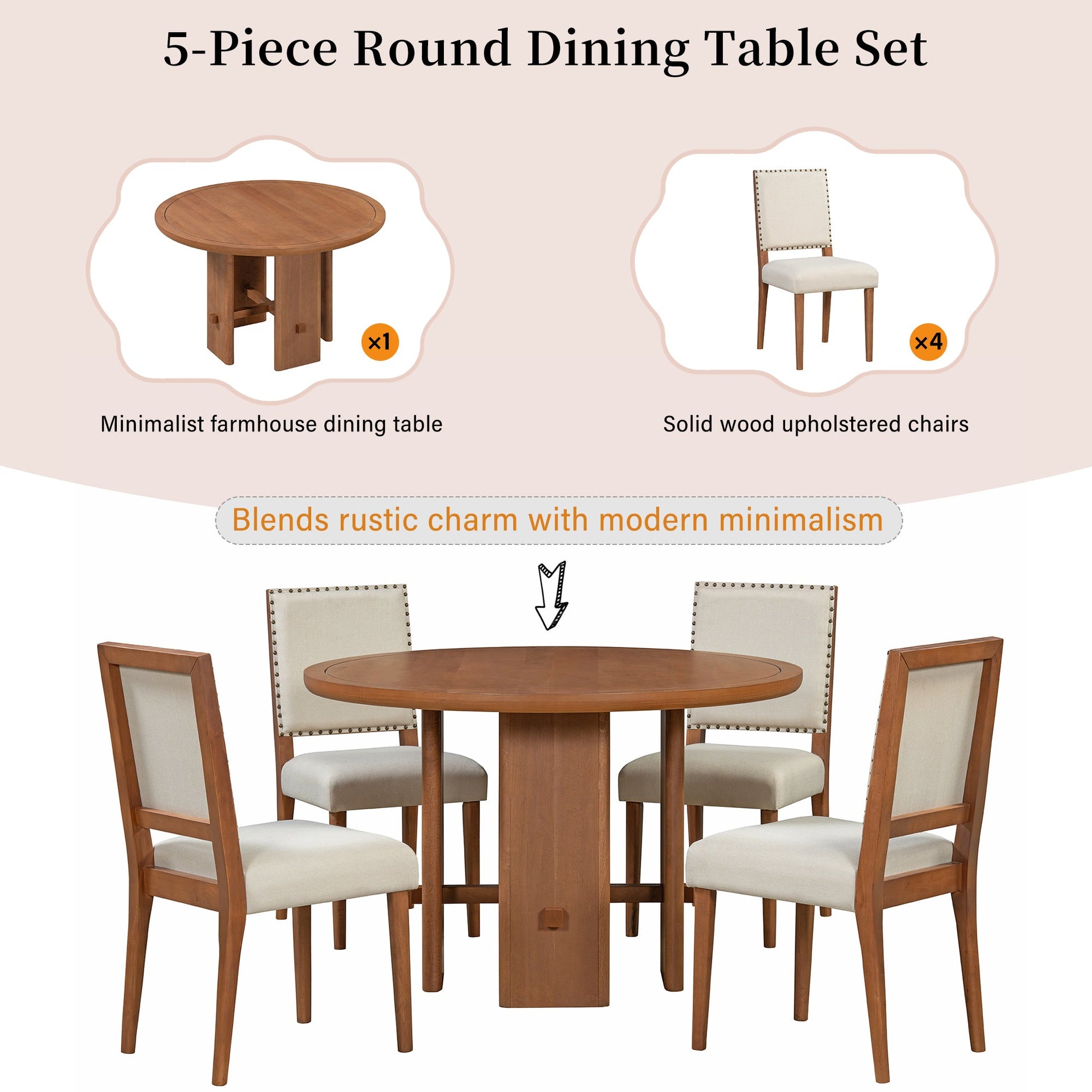 TREXM 5 - Piece Round Dining Table Set for 4, Minimalist Farmhouse Dining Table with 4 Solid Wood Upholstered Chairs, Kitchen & Dining Room Sets (Brown) - 1st Choice Furniture Direct
