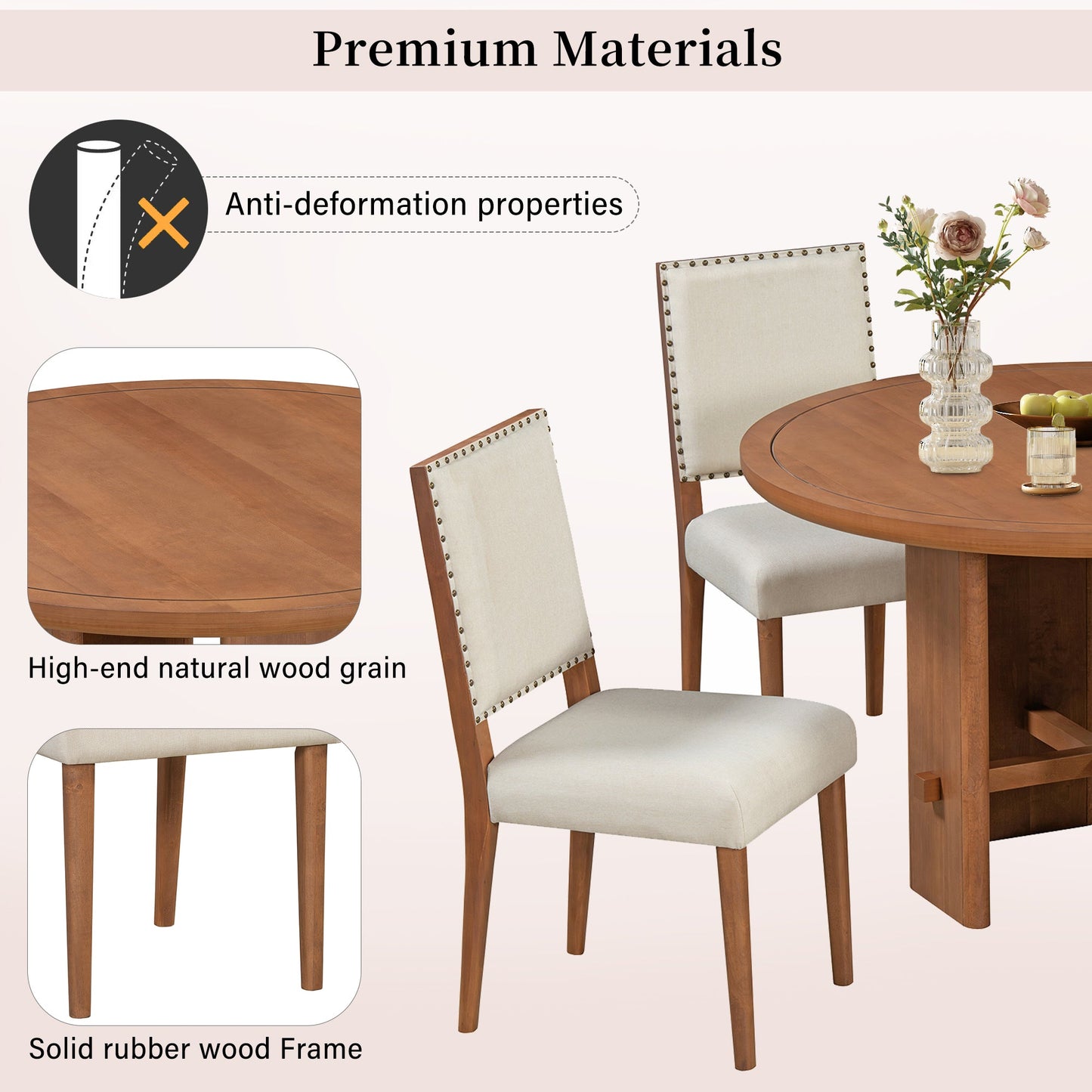 TREXM 5 - Piece Round Dining Table Set for 4, Minimalist Farmhouse Dining Table with 4 Solid Wood Upholstered Chairs, Kitchen & Dining Room Sets (Brown) - 1st Choice Furniture Direct