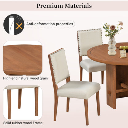 TREXM 5 - Piece Round Dining Table Set for 4, Minimalist Farmhouse Dining Table with 4 Solid Wood Upholstered Chairs, Kitchen & Dining Room Sets (Brown) - 1st Choice Furniture Direct