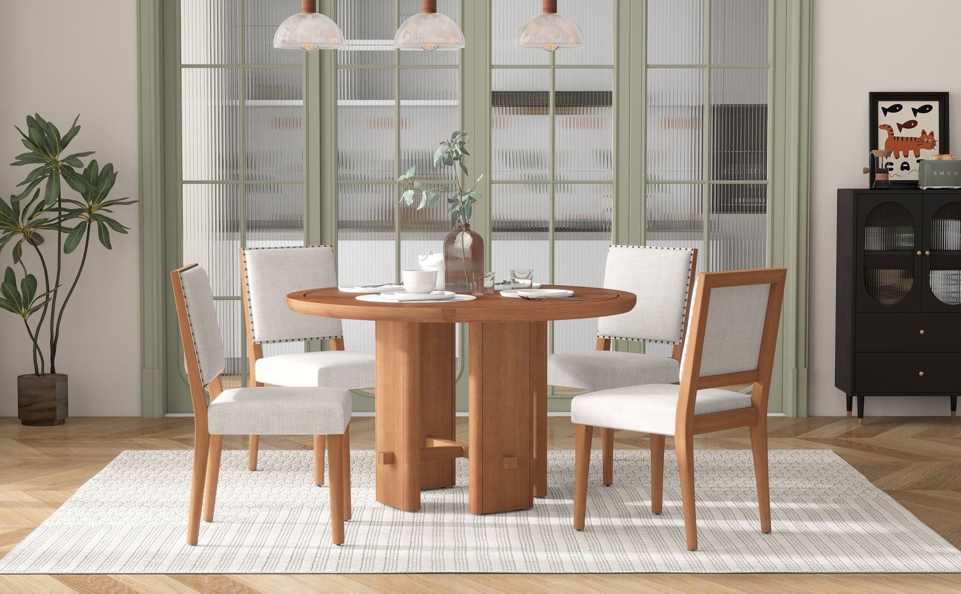 TREXM 5 - Piece Round Dining Table Set for 4, Minimalist Farmhouse Dining Table with 4 Solid Wood Upholstered Chairs, Kitchen & Dining Room Sets (Brown) - 1st Choice Furniture Direct