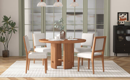 TREXM 5 - Piece Round Dining Table Set for 4, Minimalist Farmhouse Dining Table with 4 Solid Wood Upholstered Chairs, Kitchen & Dining Room Sets (Brown) - 1st Choice Furniture Direct