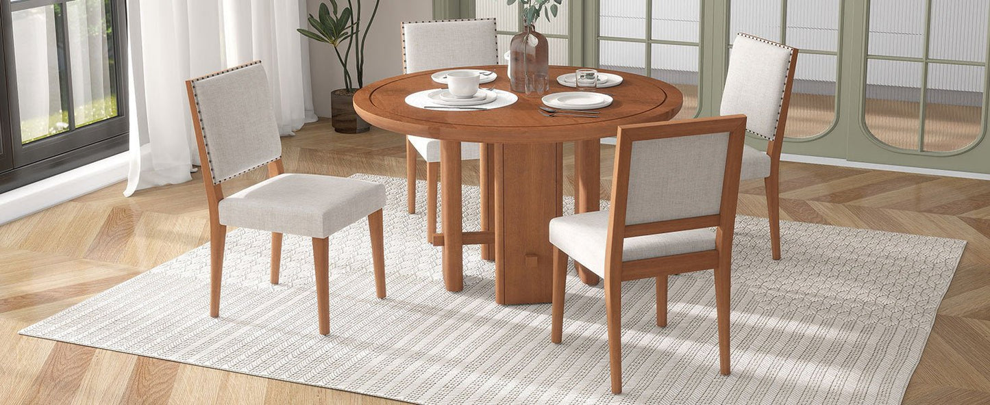 TREXM 5 - Piece Round Dining Table Set for 4, Minimalist Farmhouse Dining Table with 4 Solid Wood Upholstered Chairs, Kitchen & Dining Room Sets (Brown) - 1st Choice Furniture Direct
