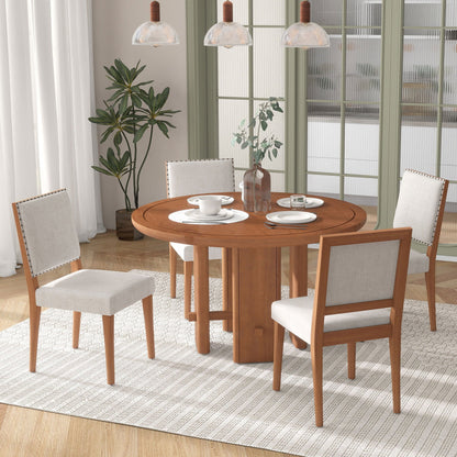 TREXM 5 - Piece Round Dining Table Set for 4, Minimalist Farmhouse Dining Table with 4 Solid Wood Upholstered Chairs, Kitchen & Dining Room Sets (Brown) - 1st Choice Furniture Direct