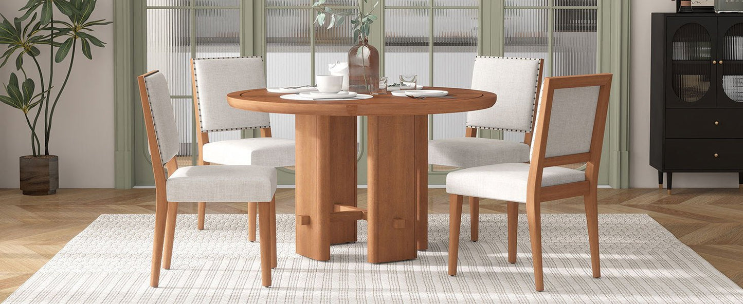 TREXM 5 - Piece Round Dining Table Set for 4, Minimalist Farmhouse Dining Table with 4 Solid Wood Upholstered Chairs, Kitchen & Dining Room Sets (Brown) - 1st Choice Furniture Direct