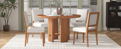 TREXM 5 - Piece Round Dining Table Set for 4, Minimalist Farmhouse Dining Table with 4 Solid Wood Upholstered Chairs, Kitchen & Dining Room Sets (Brown) - 1st Choice Furniture Direct
