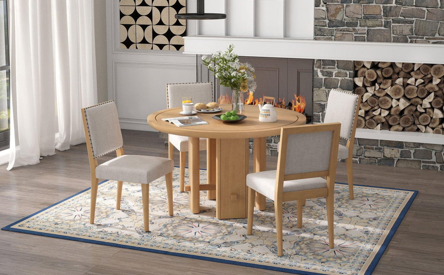 TREXM 5 - Piece Round Dining Table Set for 4, Minimalist Farmhouse Dining Table with 4 Solid Wood Upholstered Chairs, Kitchen & Dining Room Sets (Natural) - 1st Choice Furniture Direct
