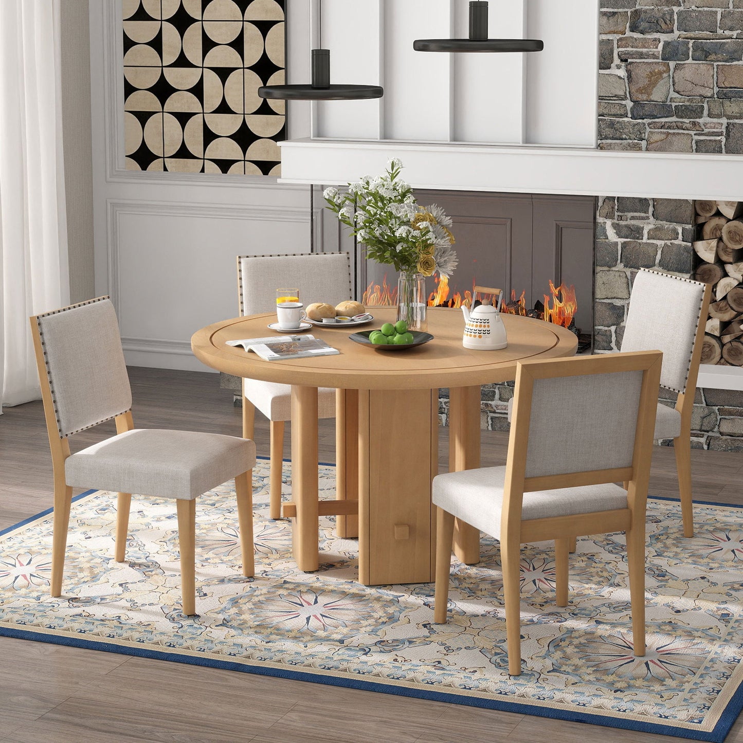 TREXM 5 - Piece Round Dining Table Set for 4, Minimalist Farmhouse Dining Table with 4 Solid Wood Upholstered Chairs, Kitchen & Dining Room Sets (Natural) - 1st Choice Furniture Direct