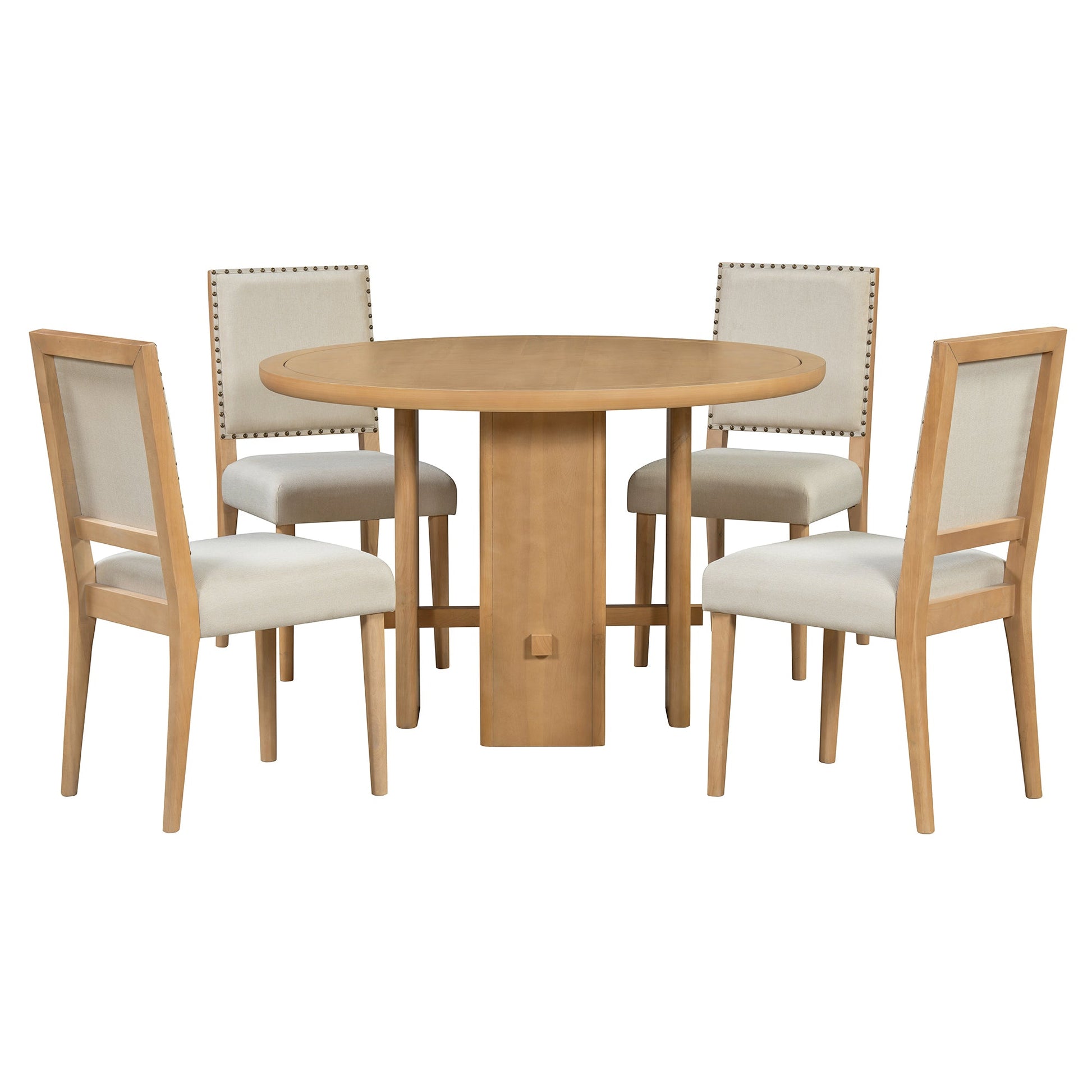 TREXM 5 - Piece Round Dining Table Set for 4, Minimalist Farmhouse Dining Table with 4 Solid Wood Upholstered Chairs, Kitchen & Dining Room Sets (Natural) - 1st Choice Furniture Direct