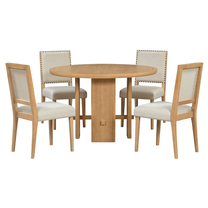 TREXM 5 - Piece Round Dining Table Set for 4, Minimalist Farmhouse Dining Table with 4 Solid Wood Upholstered Chairs, Kitchen & Dining Room Sets (Natural) - 1st Choice Furniture Direct