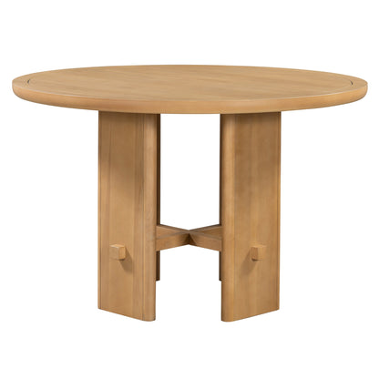 TREXM 5 - Piece Round Dining Table Set for 4, Minimalist Farmhouse Dining Table with 4 Solid Wood Upholstered Chairs, Kitchen & Dining Room Sets (Natural) - 1st Choice Furniture Direct