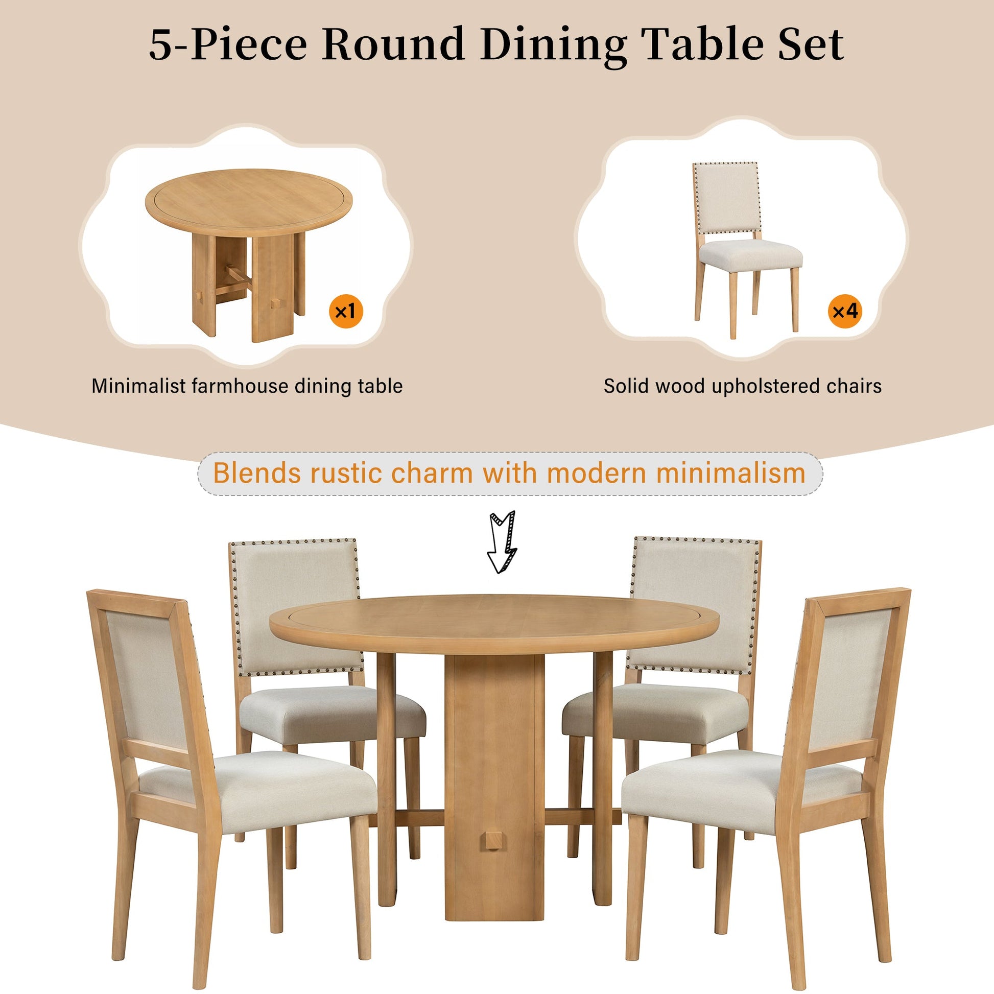 TREXM 5 - Piece Round Dining Table Set for 4, Minimalist Farmhouse Dining Table with 4 Solid Wood Upholstered Chairs, Kitchen & Dining Room Sets (Natural) - 1st Choice Furniture Direct
