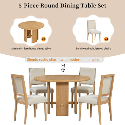 TREXM 5 - Piece Round Dining Table Set for 4, Minimalist Farmhouse Dining Table with 4 Solid Wood Upholstered Chairs, Kitchen & Dining Room Sets (Natural) - 1st Choice Furniture Direct