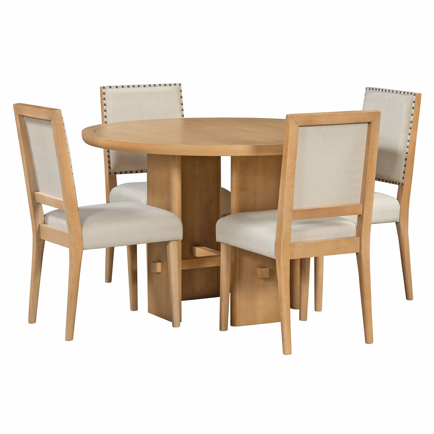 TREXM 5 - Piece Round Dining Table Set for 4, Minimalist Farmhouse Dining Table with 4 Solid Wood Upholstered Chairs, Kitchen & Dining Room Sets (Natural) - 1st Choice Furniture Direct