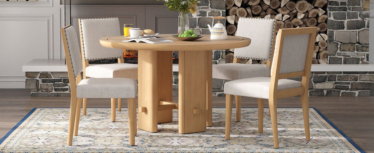 TREXM 5 - Piece Round Dining Table Set for 4, Minimalist Farmhouse Dining Table with 4 Solid Wood Upholstered Chairs, Kitchen & Dining Room Sets (Natural) - 1st Choice Furniture Direct