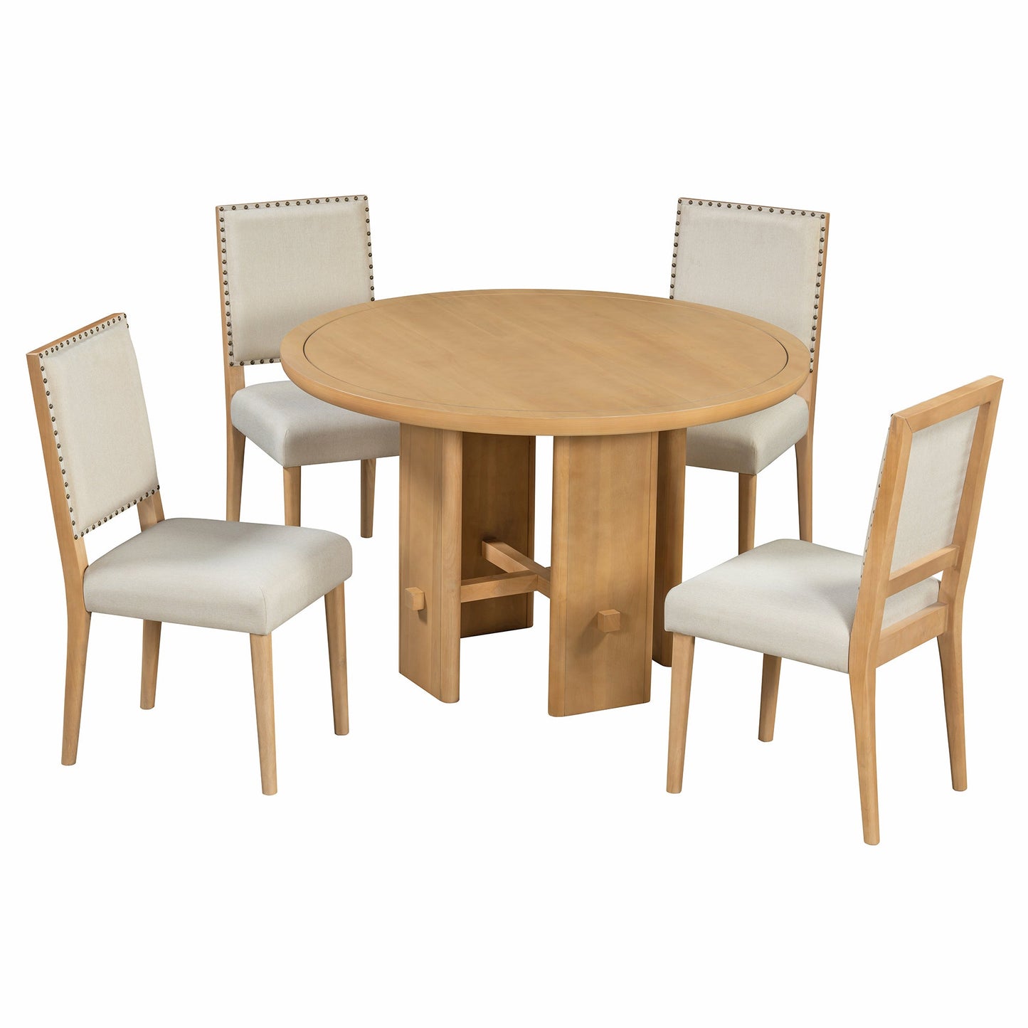 TREXM 5 - Piece Round Dining Table Set for 4, Minimalist Farmhouse Dining Table with 4 Solid Wood Upholstered Chairs, Kitchen & Dining Room Sets (Natural) - 1st Choice Furniture Direct