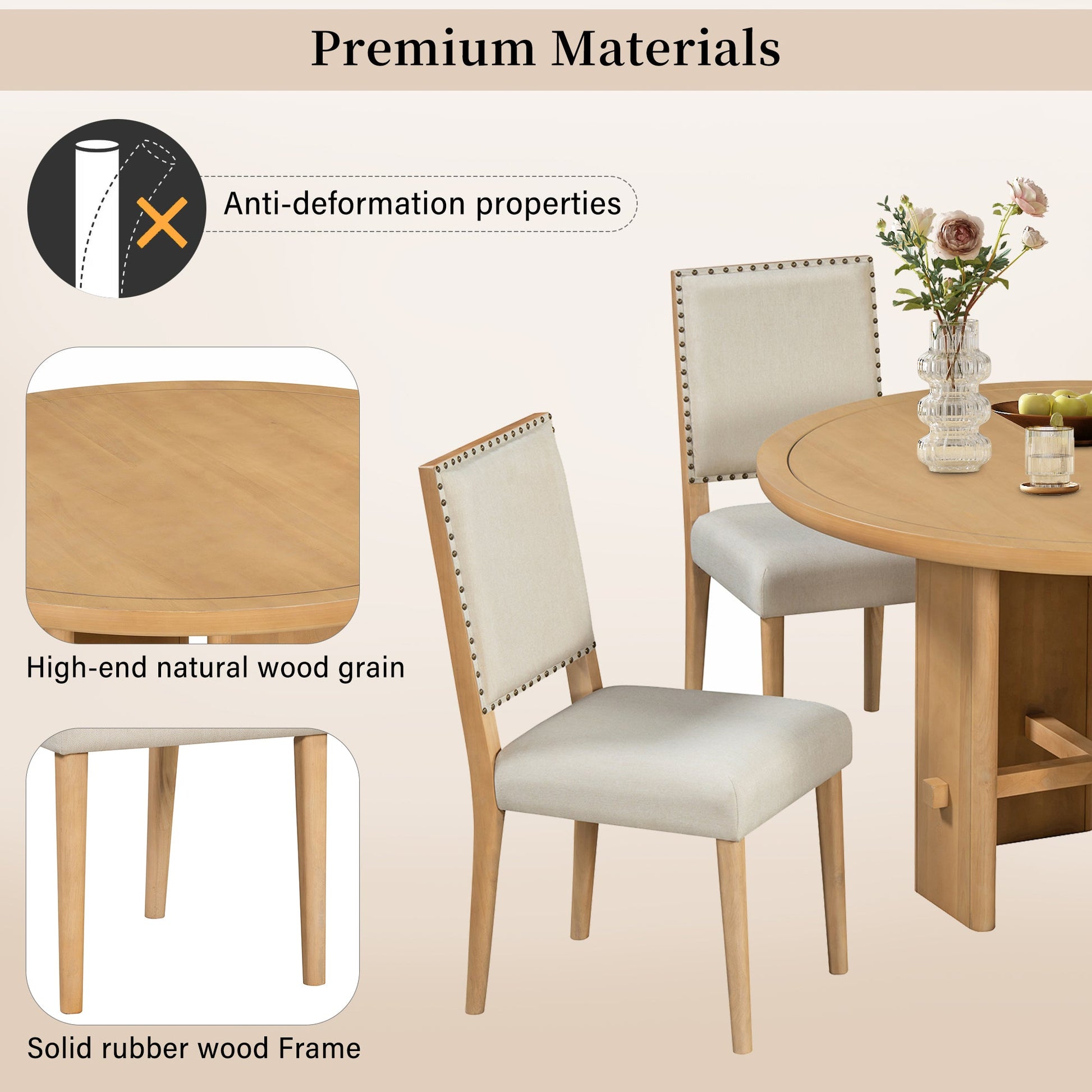 TREXM 5 - Piece Round Dining Table Set for 4, Minimalist Farmhouse Dining Table with 4 Solid Wood Upholstered Chairs, Kitchen & Dining Room Sets (Natural) - 1st Choice Furniture Direct