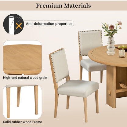 TREXM 5 - Piece Round Dining Table Set for 4, Minimalist Farmhouse Dining Table with 4 Solid Wood Upholstered Chairs, Kitchen & Dining Room Sets (Natural) - 1st Choice Furniture Direct