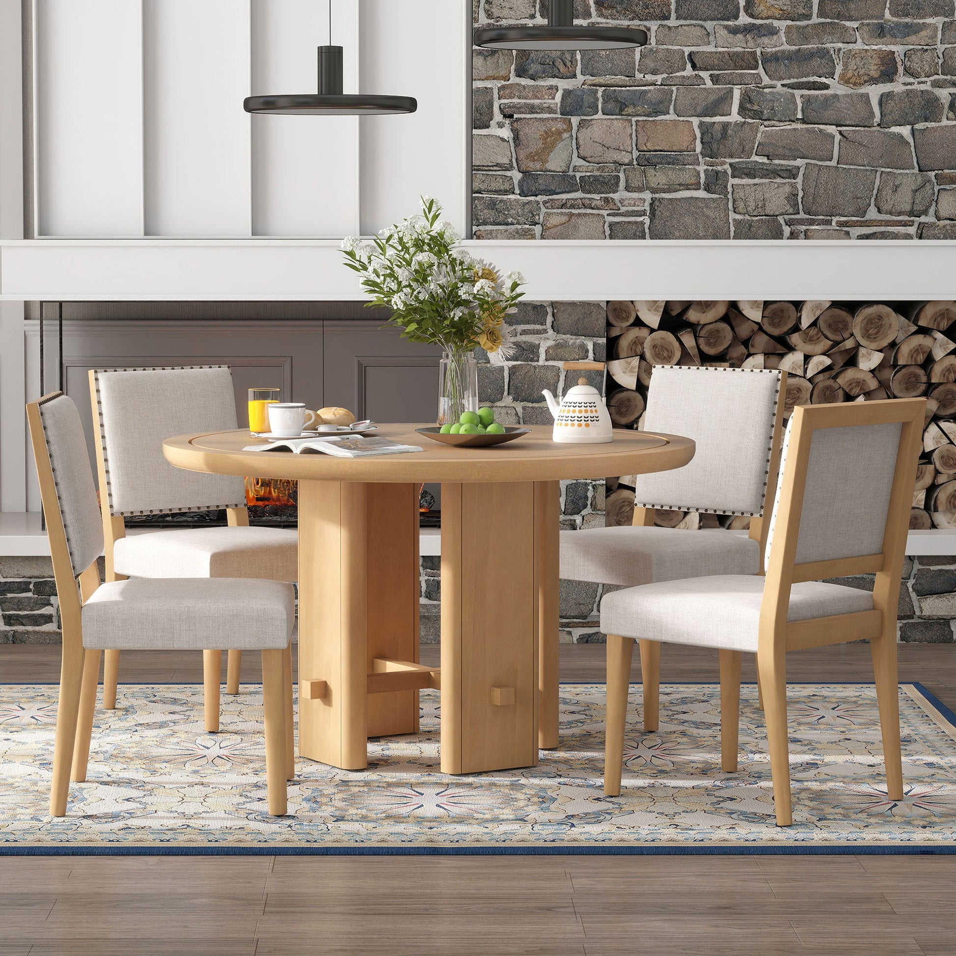 TREXM 5 - Piece Round Dining Table Set for 4, Minimalist Farmhouse Dining Table with 4 Solid Wood Upholstered Chairs, Kitchen & Dining Room Sets (Natural) - 1st Choice Furniture Direct